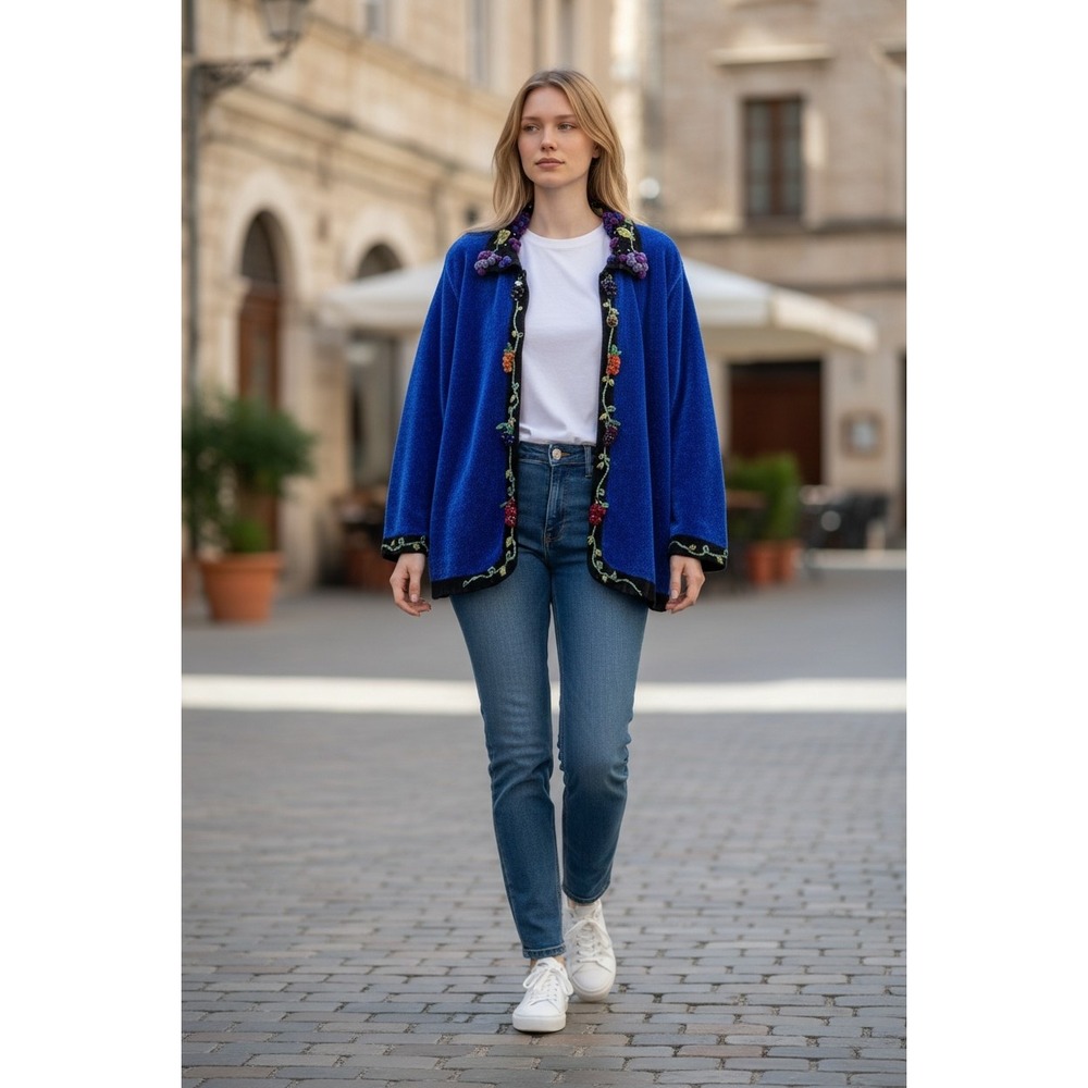 That Sweater Royal Blue Chenille‎ Cardigan 3D Beaded Grapes Wine Embroidered VTG